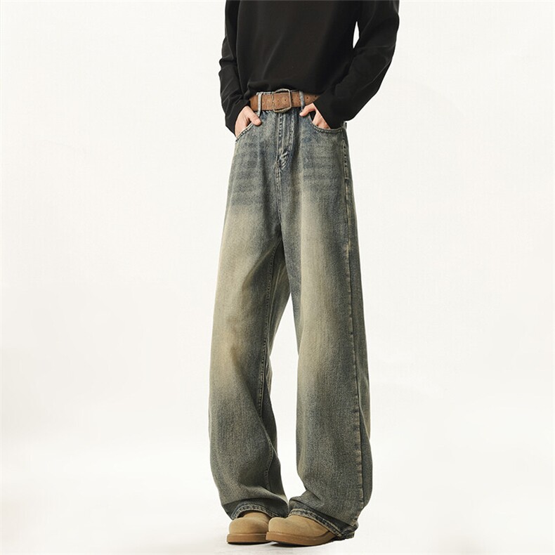 水洗做旧牛仔裤男生春秋季美式微喇裤子复古潮牌宽松直筒阔腿长裤，男装牛仔裤，电商C303