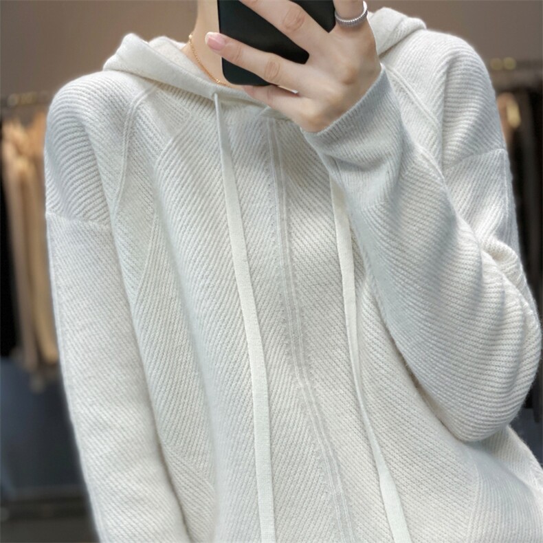 25秋冬新款100%纯羊毛连帽抽绳卫衣女宽松套头毛衣针织羊绒衫上衣图片