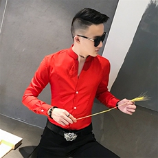 312A-836-P50新款立领纯色修身衬衫男发型师网红夜场工装衬衫-首2，男装衬衫，星座312A