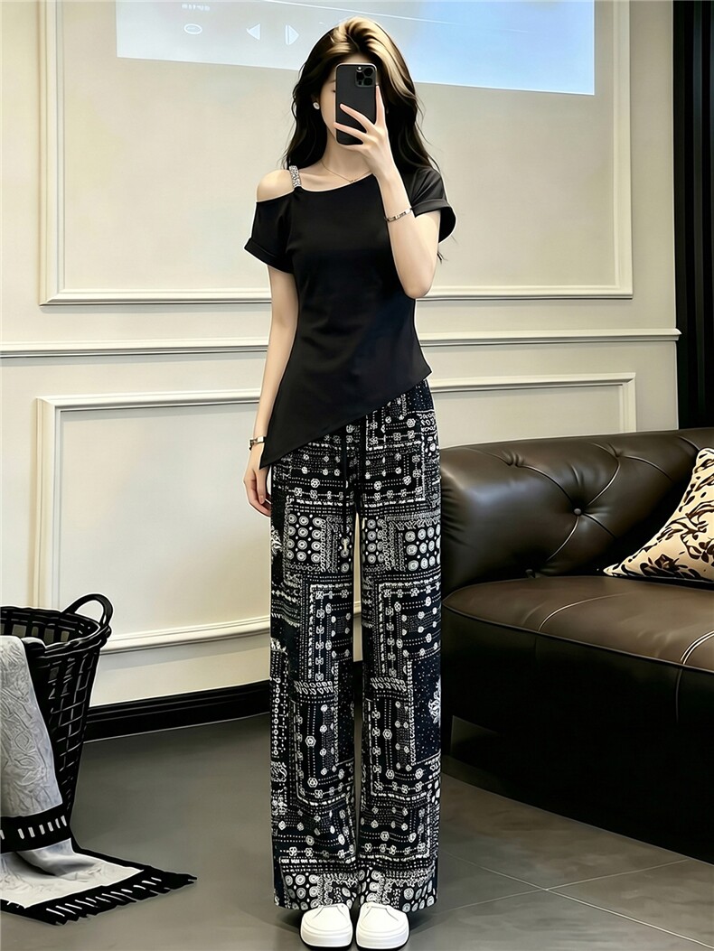 韩系穿搭时尚减龄套装女夏款不规则斜肩短袖T恤黑花色长裤两件套,女装套装/套裙,江南
