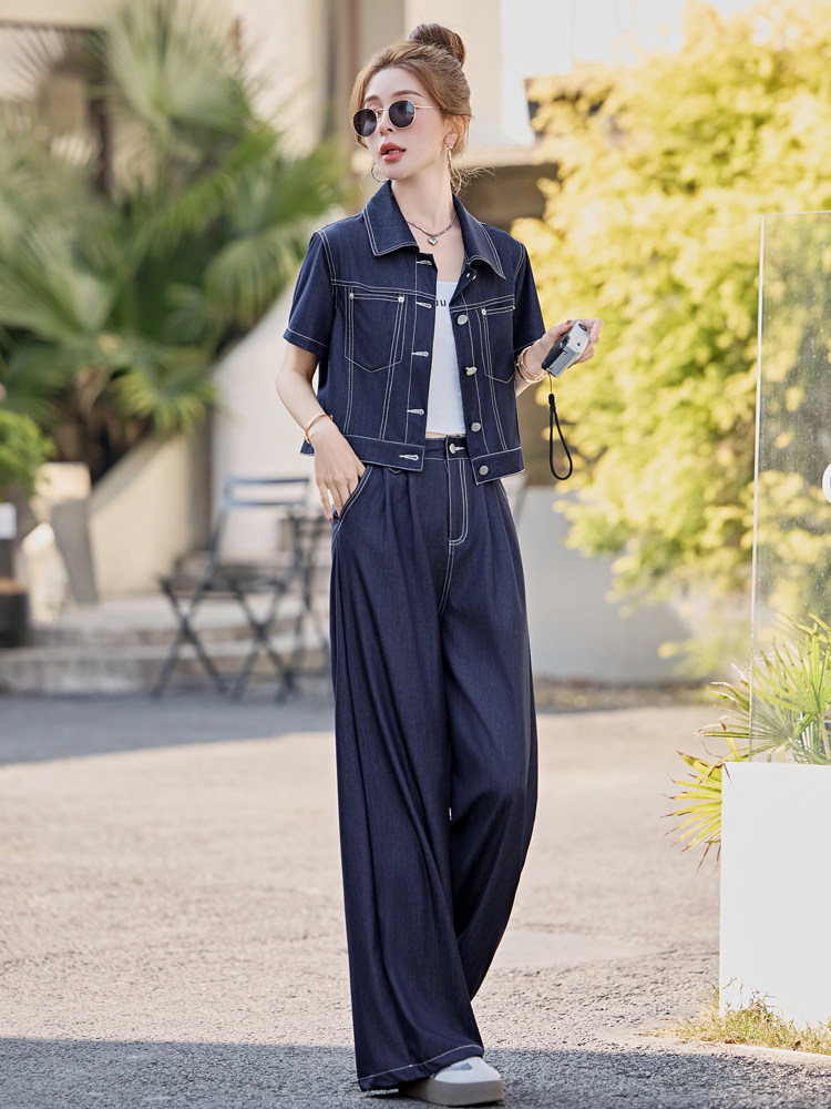 （新款现货）2026夏时尚薄款天丝牛仔短袖阔腿裤套装女（两件套）,女装牛仔外套,印象茜