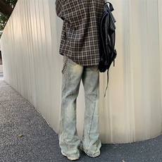 美式复古泥黄微喇牛仔裤男春vibe潮牌解构宽松直筒长裤RK2547-P67，男装牛仔裤，星座412-2
