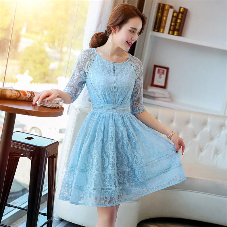 优雅蕾丝连衣裙女夏季新款修身显瘦气质淑女半袖A字裙，女装连衣裙，贵人树