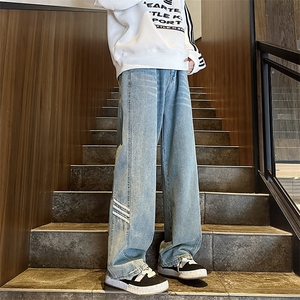 牛仔裤男秋冬男女新款港式宽松高街美式休闲阔腿裤N7016-P45图片