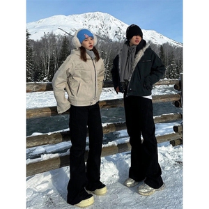 米白色座山雕工装棉服男女毛领加厚美式复古短款连帽cleanfit外套图片