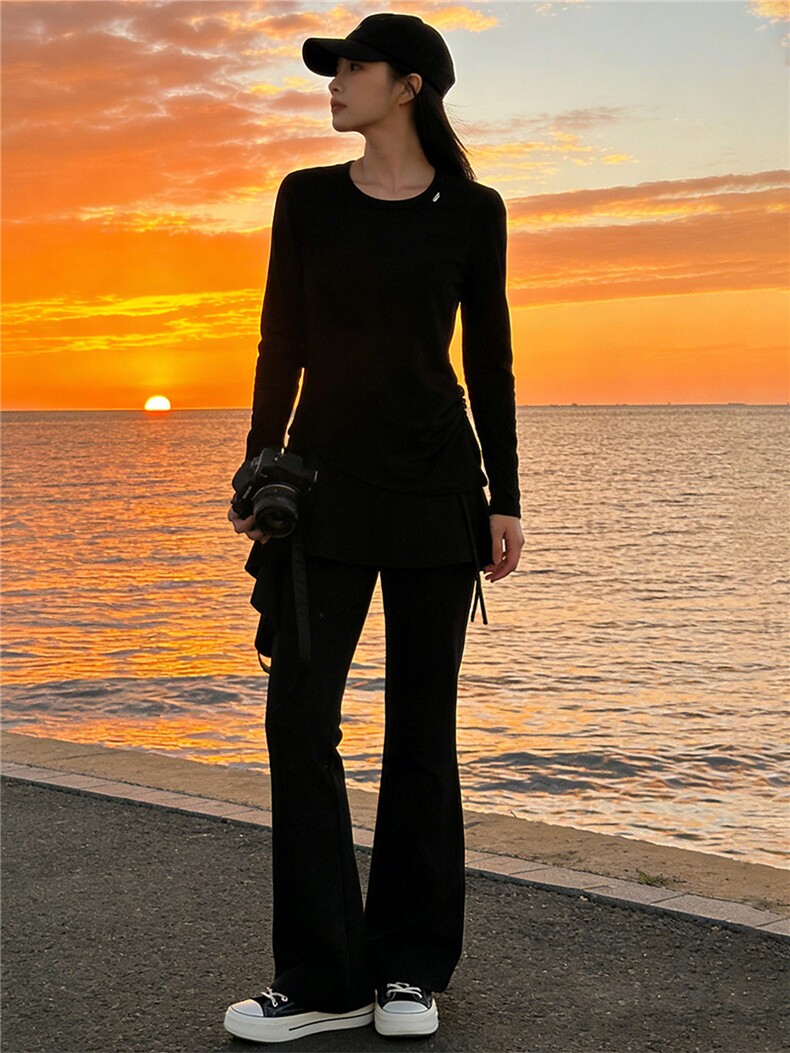 欧货时尚潮流套装女春新款气质显瘦圆领假两件长袖修身长裤两件套,女装套装/套裙,江南