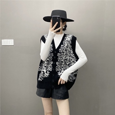 HE|抽象主义慵懒系baby山羊绒针织马甲女V领宽松毛衣开衫坎肩，女装针织衫/毛衣，国旺羊绒