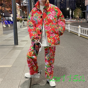 Z01情侣东北大花风民族风特色棉衣加绒裤套装大码男女土潮装图片