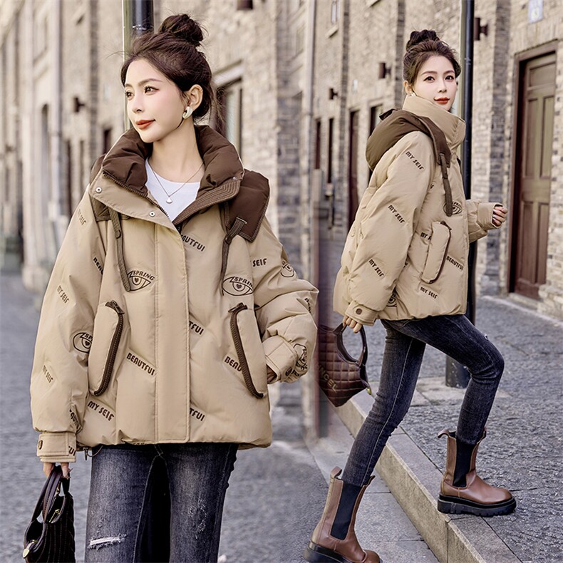 时尚撞色连帽羽绒服女2024冬季新款小个子宽松超好看白鸭绒面包服，女装羽绒服，雅佳俏