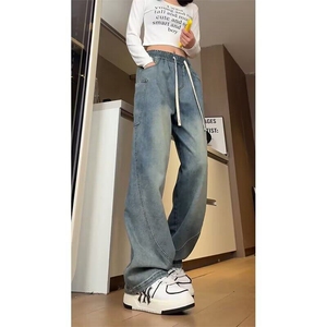 美式复古蓝弯刀牛仔裤男款松紧腰抽绳阔腿裤子设计感水洗直筒长裤