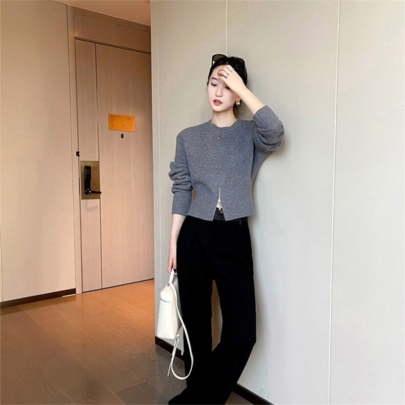 时尚显瘦圆领羊毛衫设计感小众拉链收腰毛衣气质百搭长袖针织衫,女装羊毛衫,泰沅羊绒
