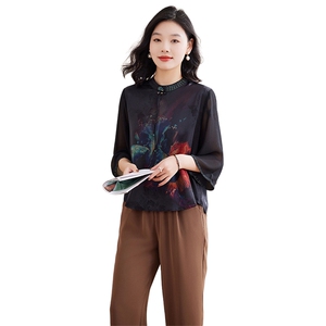 新中式中老年重磅真丝半袖上衣夏季妈妈女桑蚕丝时尚T恤衫图片