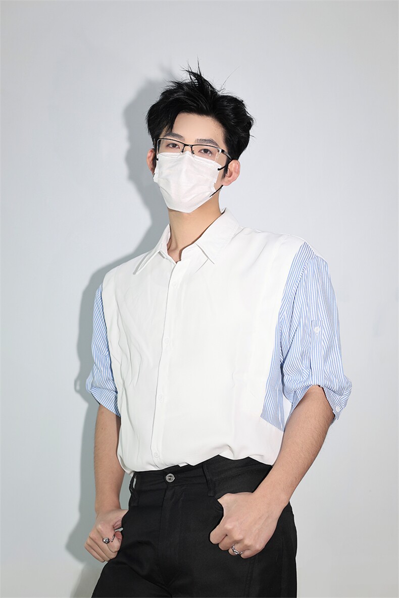 明星私服假两件宽松拼接飞肩设计感假两件条纹短袖衬衫卫衣特P39,男装卫衣,电商B319