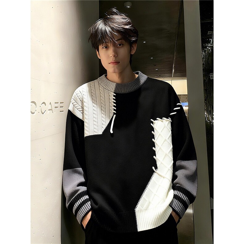 美式黑白撞色拼接毛衣男冬季慵懒风打底针织衫外套MYA102,男装T恤,星座208-5