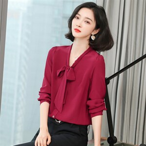 2025春装蝴蝶结真丝衬衫女长袖纯色桑蚕丝上衣衬衣通勤飘带小衫图片