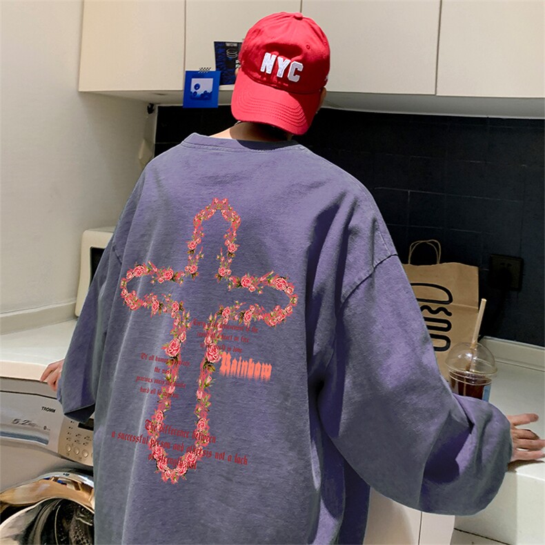 直播品质重磅纯棉美式蜡染水洗做旧潮牌宽松长袖t恤CT328特P38,男装T恤,电商A486