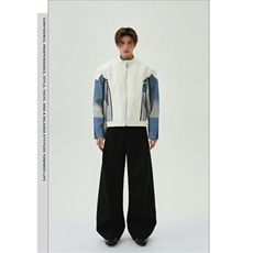立领垫肩牛仔拼接机车PU皮衣夹克男2025春秋新款小众宽松痞帅外套，男装夹克，星座505-2（原电商A260-1)