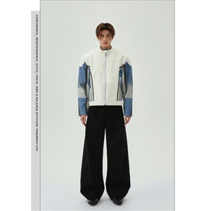 立领垫肩牛仔拼接机车PU皮衣夹克男2025春秋新款小众宽松痞帅外套图片