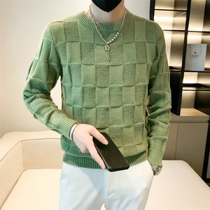 社会小伙圆领纯色棋盘格子毛衣男生修身毛衫线衣打底针织衫 S517图片
