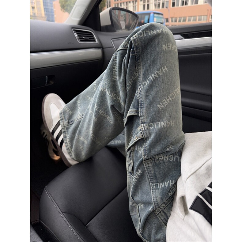 B221 美式ins高街暗黑宽松直筒字母工装牛仔裤LK25460-特P50控88图片
