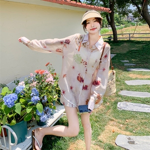 2025新款法式夏季小众植物印花独特度假防晒衬衫短裤两件套装图片