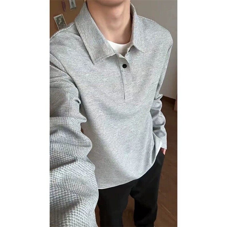 华夫格长袖t恤男士春秋季灰色亨利领松弛感青少年翻领POLO衫卫衣,男装卫衣,星座809A(原222-1)