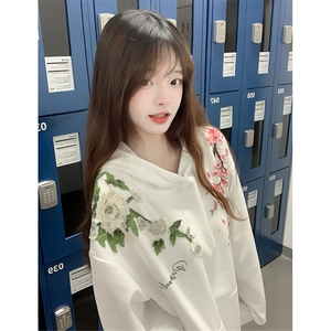 立体花卉刺绣连帽卫衣女秋冬加绒加厚美式重磅帽衫 WK3231图片