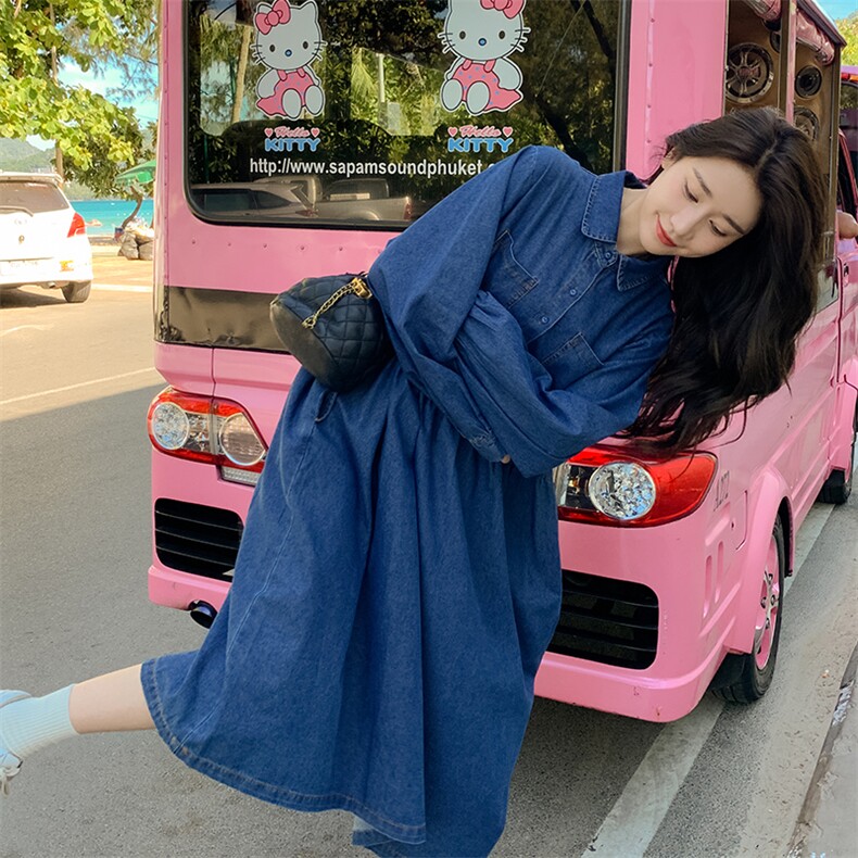 现货慵懒宽松牛仔连衣裙配领带,女装连衣裙,菡迪欧娜