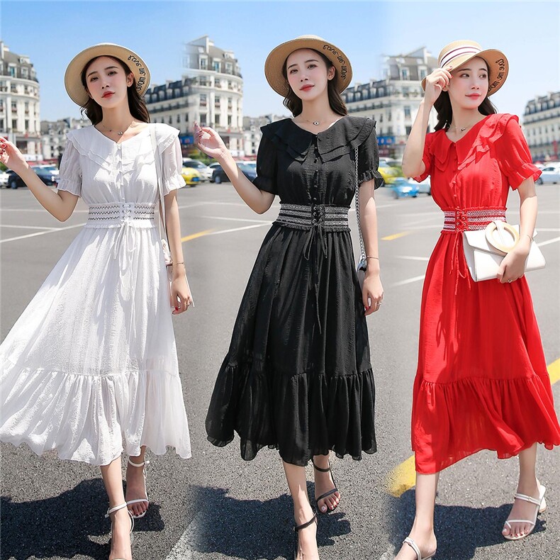 中长款短袖2021年夏季大摆型韩版件荷叶袖松紧腰圆领连衣裙纯色，女装连衣裙，依如秀(原杭风阁)