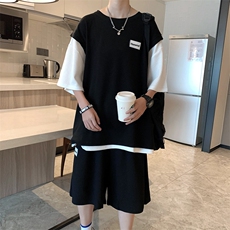 L夏季港风华夫格假两件2022短裤短袖T恤学生套装男T787-P45，男装T恤，星座512-2