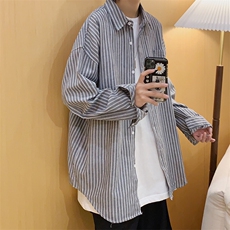 港风秋季新款休闲宽松衬衣男外穿条纹百搭长袖衬衫CS23/，男装衬衫，电商D202