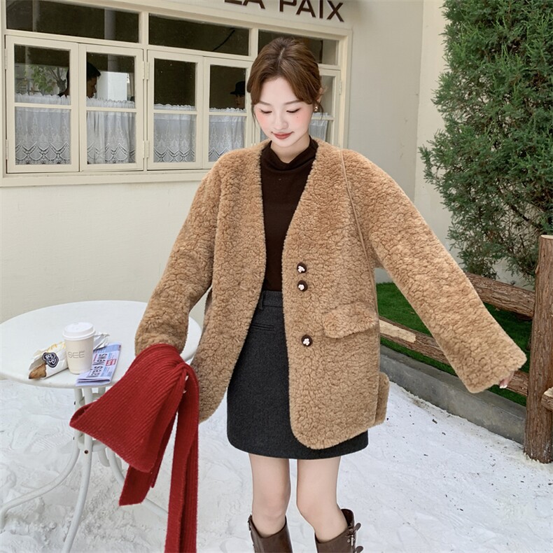 209-3285-K180-K258咖色复古皮毛一体外套2025年冬季,女装短外套,韩蜜菓
