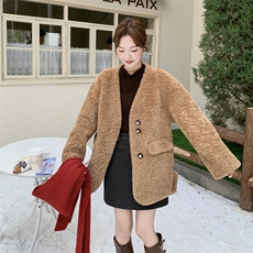209-3285-K180-K258咖色复古皮毛一体外套2025年冬季，女装短外套，韩蜜菓