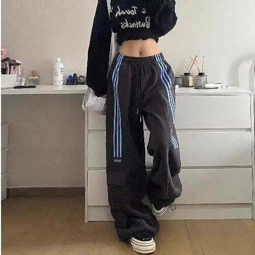 美式三条杠撞色条纹工装裤秋季新款高腰显瘦宽松直筒阔腿运动裤,男装工装外套,星座410-7