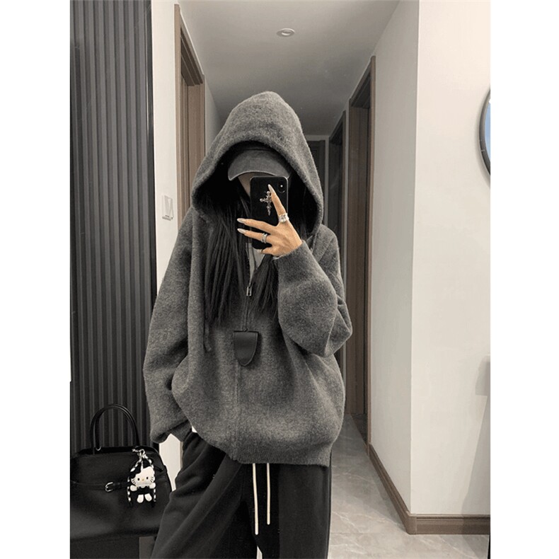 抖音得物保暖立领拉链针织外套秋冬宽松慵懒风纯色毛衣上衣AM047，男装针织衫/毛衣，电商A443