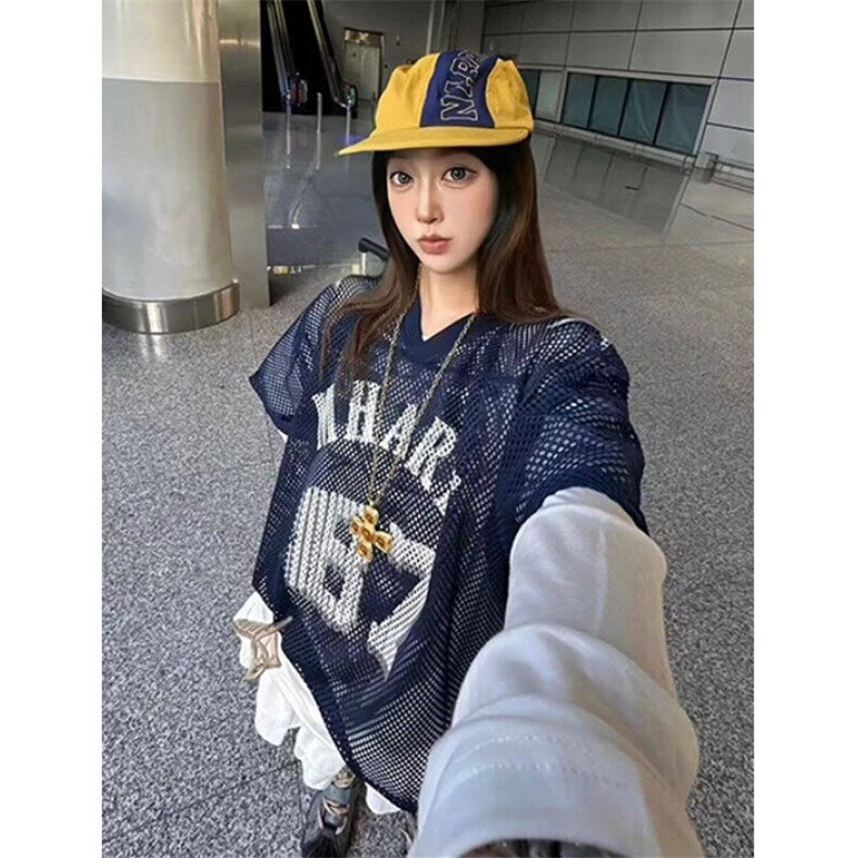 夏季藏青色大网眼球衣美式街头复古印花球服短袖t恤男女夏季TT85,男装T恤,星座1116A（原606A-3）