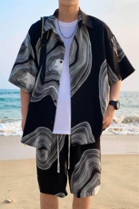 满印设计感套装男生夏季短袖衬衫休闲短裤垂感潮牌宽松大码两件套，男装休闲套装，电商A001