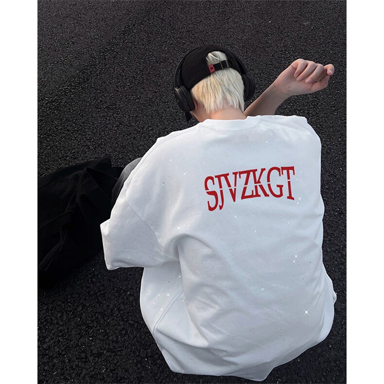 可48小时发货支持抖音得物来样二开美式满天星亮片短袖T恤MTX726，男装T恤，电商A486-1