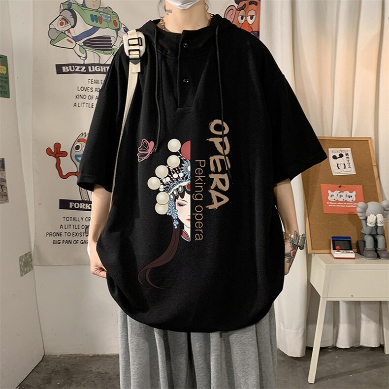LD54161-P45京剧脸谱连帽短袖t恤男大码胖子带帽五分袖中袖,男装T恤,电商A040