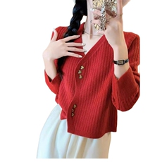 秋冬新款简约百搭纯色双扣针织羊毛开衫女长袖，女装羊毛衫，戎咖羊绒
