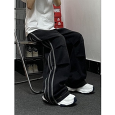 f2ocus三条杠条纹裤子男春秋季弯刀阔腿裤直筒垂感美式速干运动裤，男装牛仔裤，星座1007（原301D）