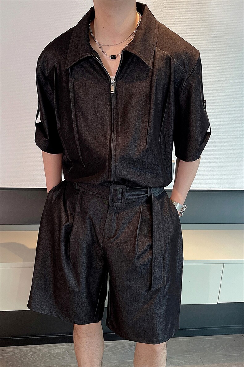夏季网红时尚天丝牛仔中袖衬衫男套装时尚短裤两件套潮TZ262-P135,男装牛仔裤,电商B267