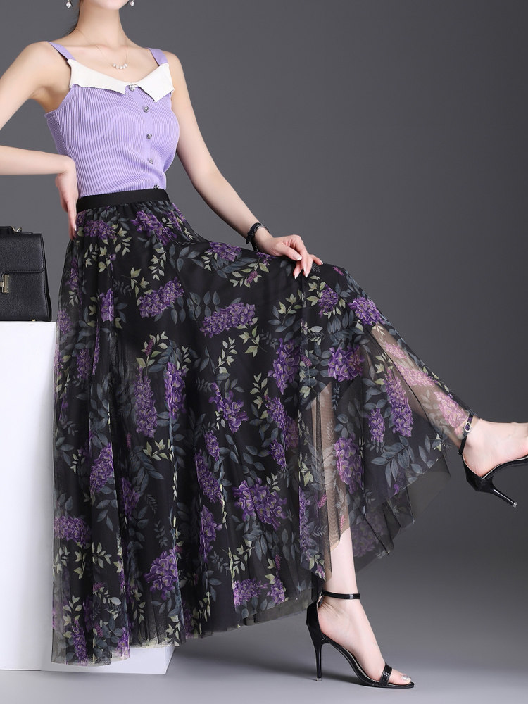 网纱半身裙女高腰显瘦印花2025春夏季新款a字中长款洋气碎花大摆，女装半身裙，灵动羽绒服工厂