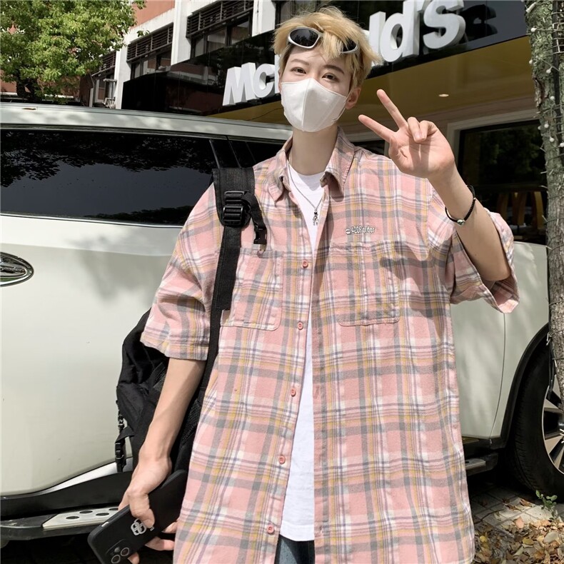 衬衫男短袖文艺格子拼色痞子帅2024夏季潮流ins韩版外套CY919-P35,男装衬衫,星座412-3