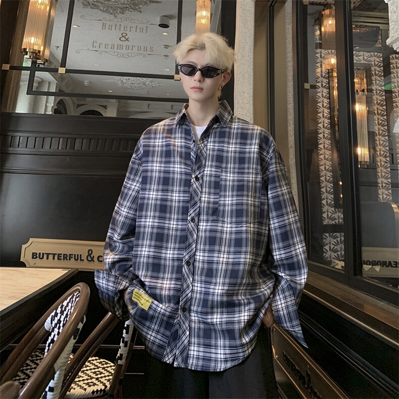 港风大码美式复古贴标格子翻领长袖衬衫男XZ213-CS8805-P55控68,男装衬衫,星座213