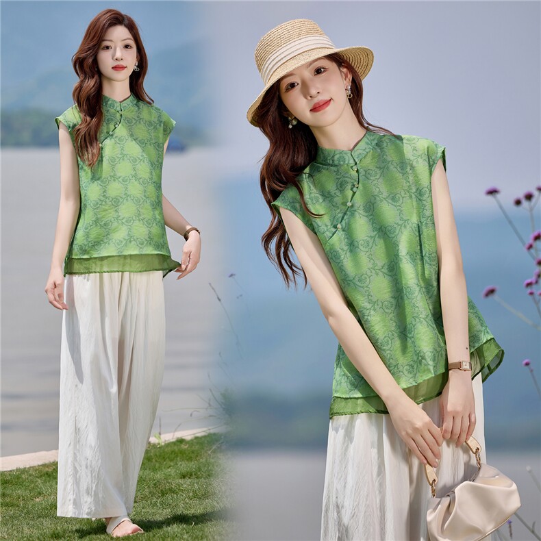 新中式国风巨好看套装女2025夏新款气质提花无袖上衣阔腿裤两件套，女装套装/套裙，依路服饰