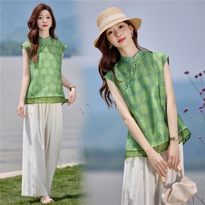 新中式国风巨好看套装女2025夏新款气质提花无袖上衣阔腿裤两件套，女装套装/套裙，依路服饰