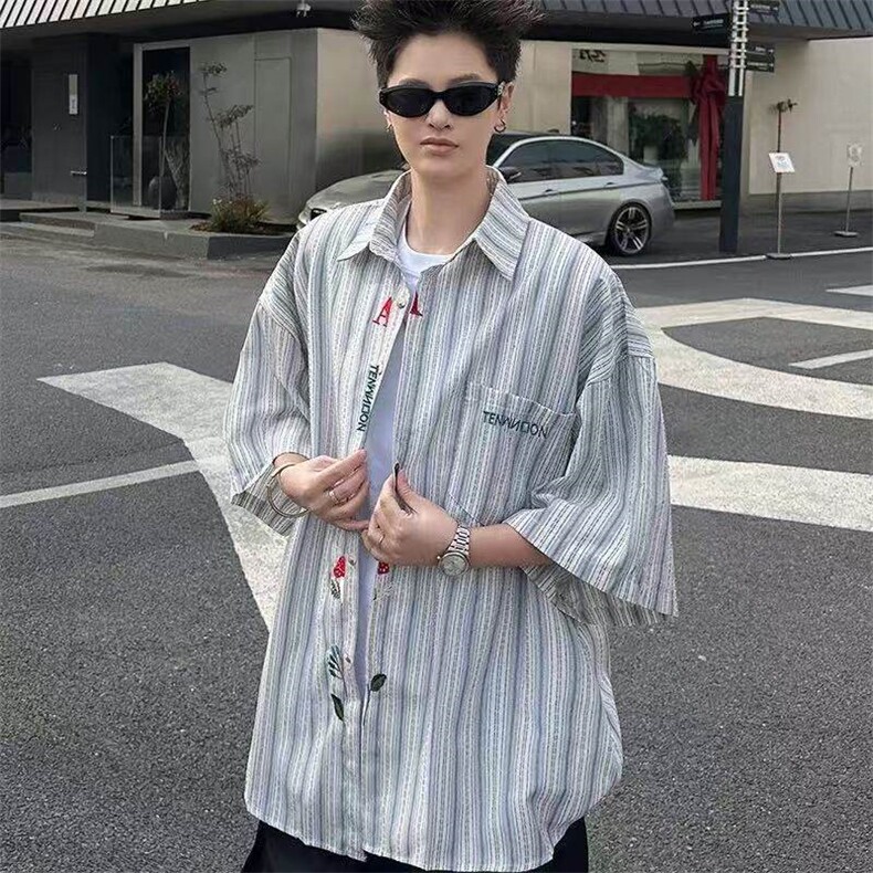 原布条纹刺绣短袖衬衣男春夏季薄款潮牌情侣高级宽松长袖防晒衬衫,男装衬衫,星座613