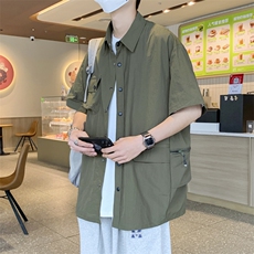 2023夏季新款港风复古风纯色翻领短袖工装衬衫五分袖ZC265-P38，男装衬衫，星座313A(原308A-2)