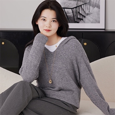 时尚百搭宽松连帽毛衣简约纯色V领针织衫舒适保暖显瘦上衣，女装针织衫/毛衣，泰沅羊绒